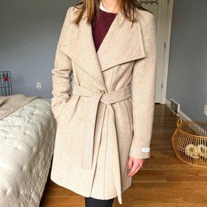 Calvin Klein Oatmeal / Tan Wool Blend Peacoat with Tie Waist